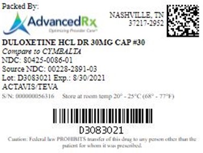 Duloxetine HCl 30mg Cap Qty 30 Ndc 80425 0086